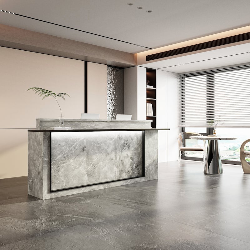 Marble Reception Desk LED Lighting L-Shaped Front Counter Storage Shelves Office, Salon, Hotel