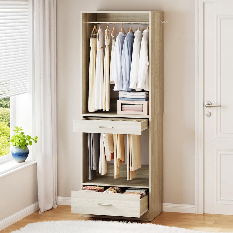 Qvella 23.6'' W Closet System with Hanging Rods and Wooden Drawers, Modular Walk-In Closet Organizer with Pants Rack