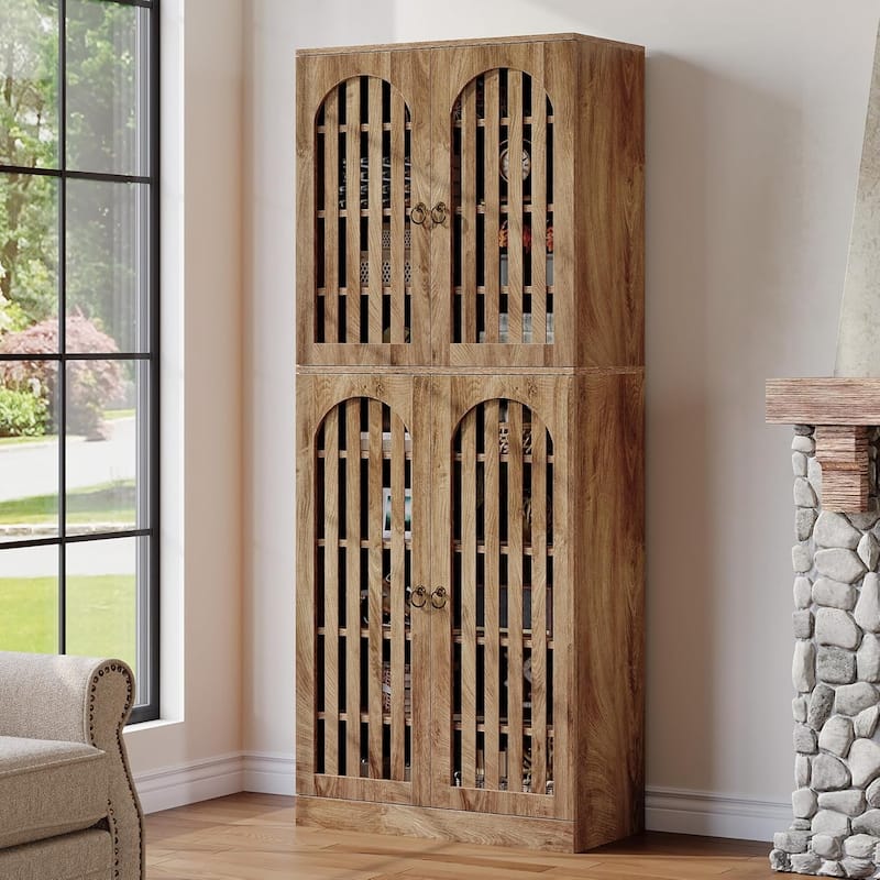 70.8 Inch Tall Bookcase with 4 Slatted Doors, 9-Tier Farmhouse Bookshelf with Storage Shelves