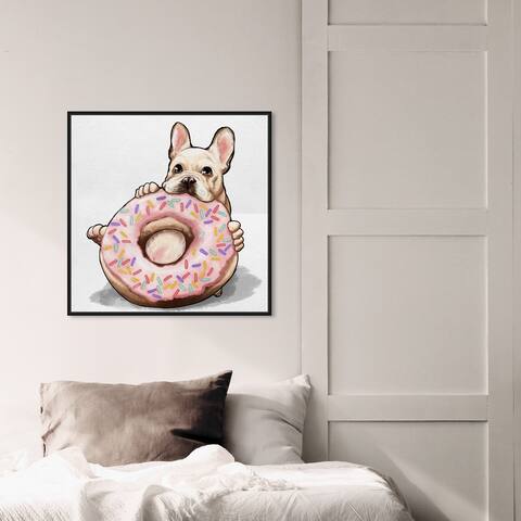Oliver Gal Animals Wall Art Framed Canvas Prints 'Donut Frenchie' Dogs and Puppies - Pink, Brown