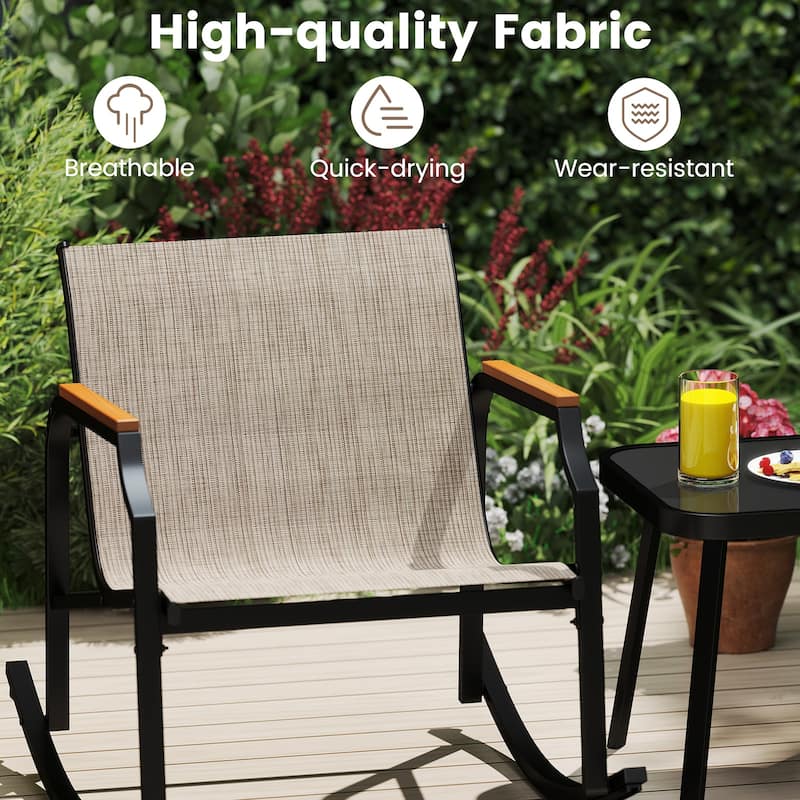 3 Piece Black-Brown Outdoor Rocking Chair Set with Coffee Table and Ergonomic Metal Frame Chairs - 35" x 27" x 29"
