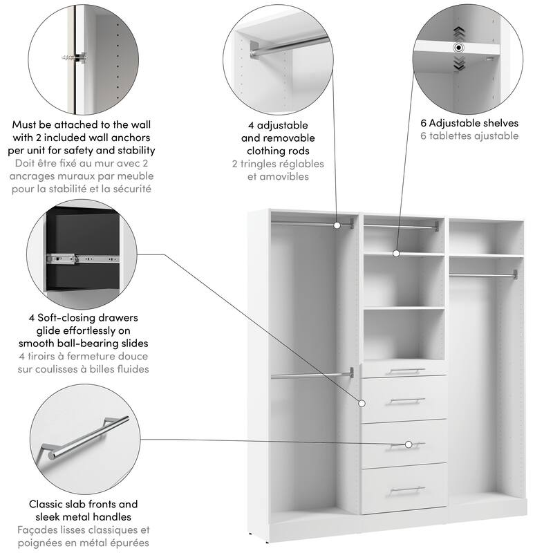 Bestar Florence 75W x 16D Closet System with Rods, Drawers, Slab