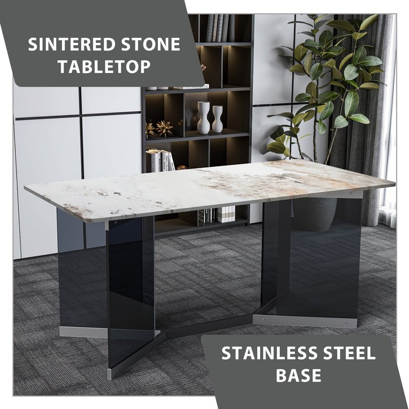 Oryn Sintered Stone/Glass Modern Rectangular Dining Table with Stainless Steel Base for Home Kitchens and Dining Rooms