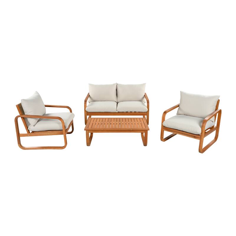 Christopher Knight Home - George 4-Piece Outdoor Acacia Wood Conversation Set with Plush Thick Cushions & Slatted Coffee Table