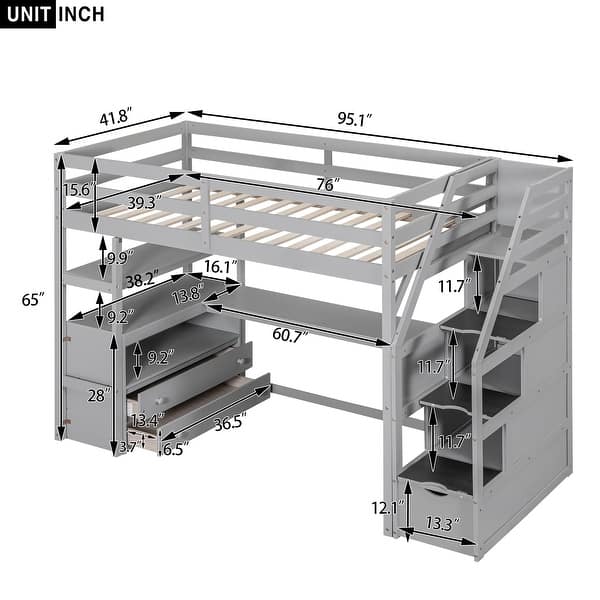 dimension image slide 1 of 2, Twin Loft Bed with Desk and Shelves, Drawers, Storage Staircase, Gray