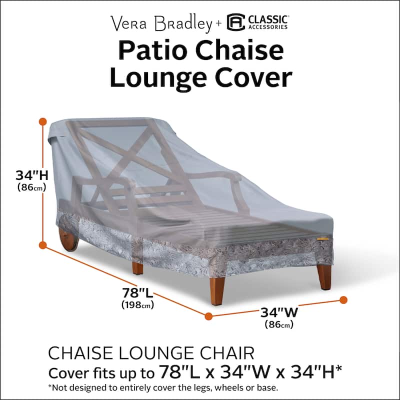Vera Bradley by Classic Accessories Water-Resistant Patio Chaise Lounge Cover, 78 x 34 x 34 Inch, Rain Forest Toile Gray