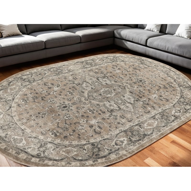 Lodux Power Loomed Distressed Traditional Durable Area Rug By HomeRoots - 108' X '72' X '0.32 - Cream/Onyx - Oval