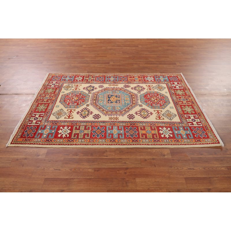 Geometric Beige Kazak Foyer Rug Hand-Knotted Oriental Wool Carpet - 4'0" x 5'11"