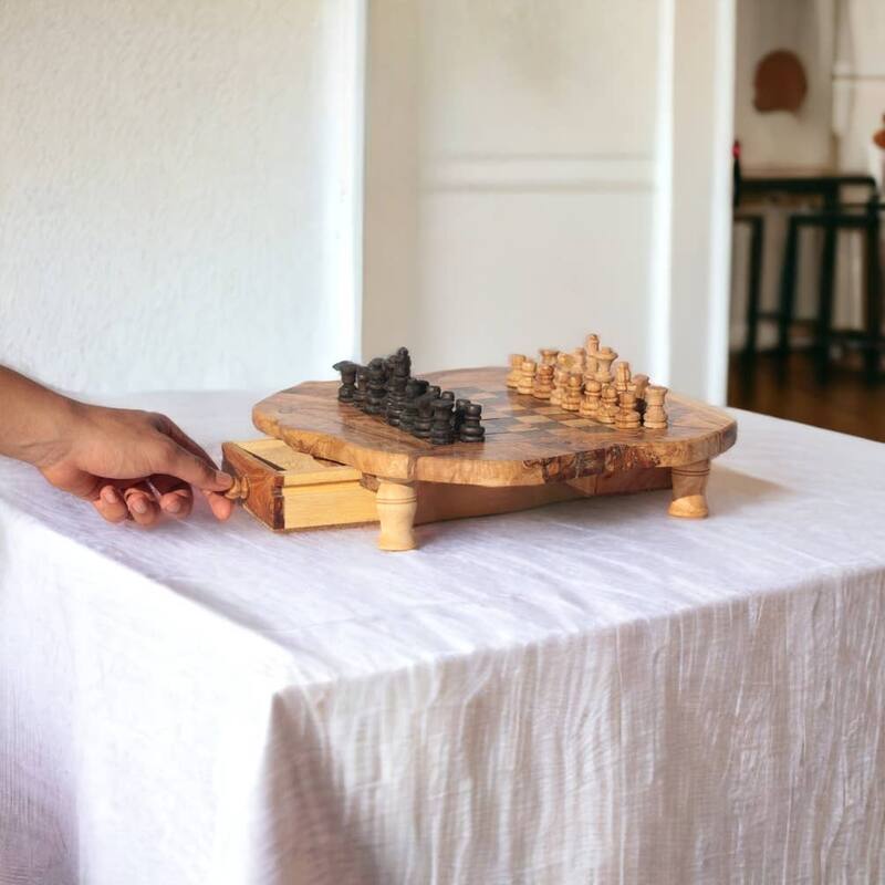 Large Olive Wood Chess Board with Storage Drawers