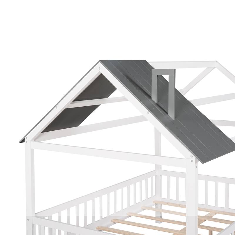 Platform Bed for Kids, Wooden House Shaped Bedframe with Fence & Roof