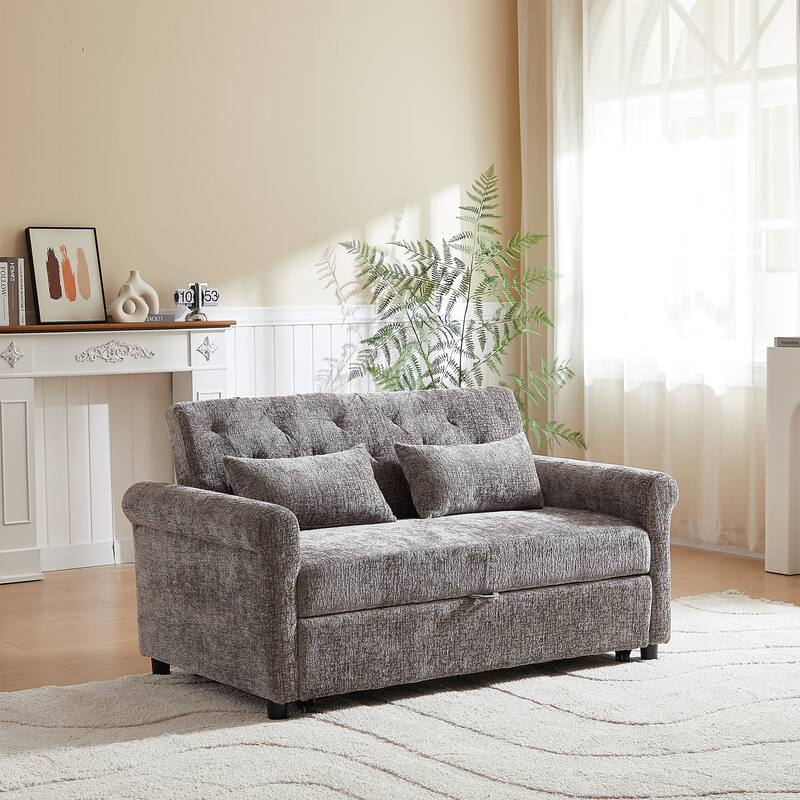3 in1 Loveseat Convertible Pull-out Sleeper Sofa Bed Adjustable Backrest Tufted Couch with 2 Pillows for Living Room - Light Gray