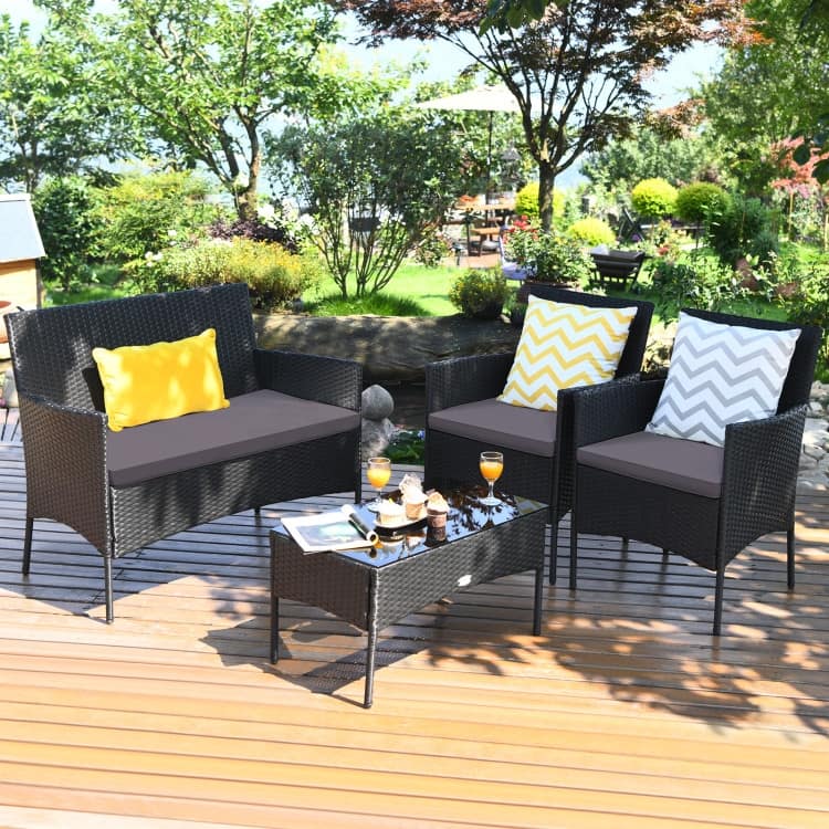 4 Pieces Patio Rattan Cushioned Sofa Set with Tempered Glass Coffee Table - 24" x 23.5" x 33" (L x W x H)