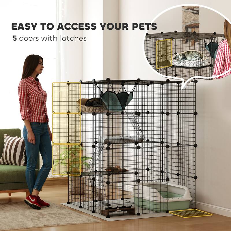 PawHut Cat Cage Indoor, DIY 4 Tier Cat Enclosure with Hammock, 3 x 3 x 4 Detachable Wire Cat Kennel with Ramps