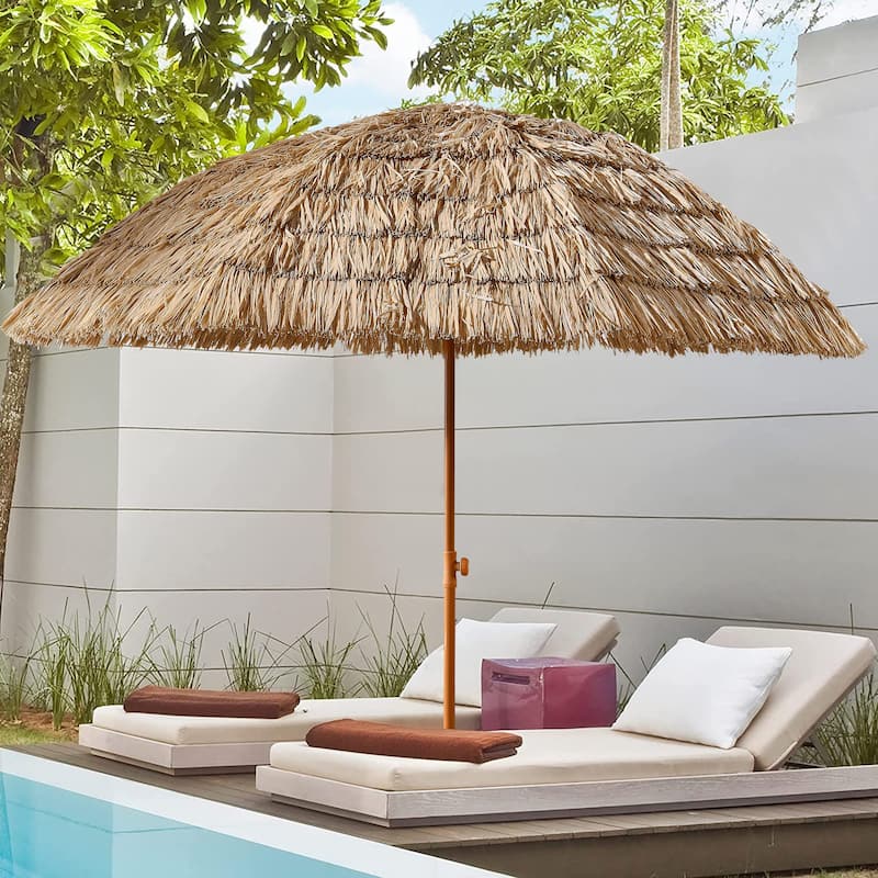 8'Thatch Patio Tiki Umbrella Tropical Palapa Raffia Tiki Hut Hawaiian Hula Beach Umbrella,Straw umbrella - Brown