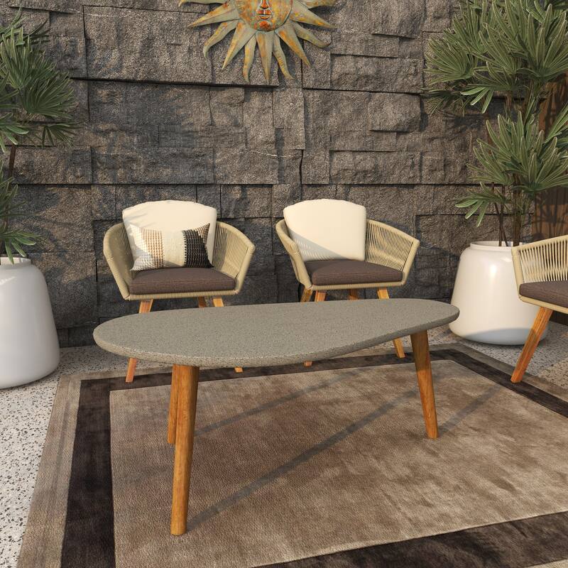 Gray Concrete Inspired Oval End Table Outdoor Accent Table with Brown Tapered Wood Legs