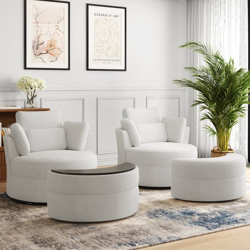 Upholstered Barrel Swivel Chairs with Moon Ottoman (Set of 2) - Boucle - Ivory