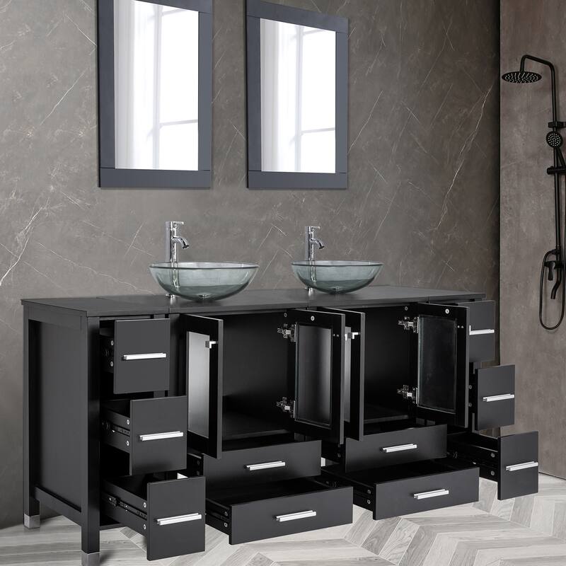 72" Bathroom Vanity Set with Vessel Sink Side Cabinet Combo - clear round sink - Black