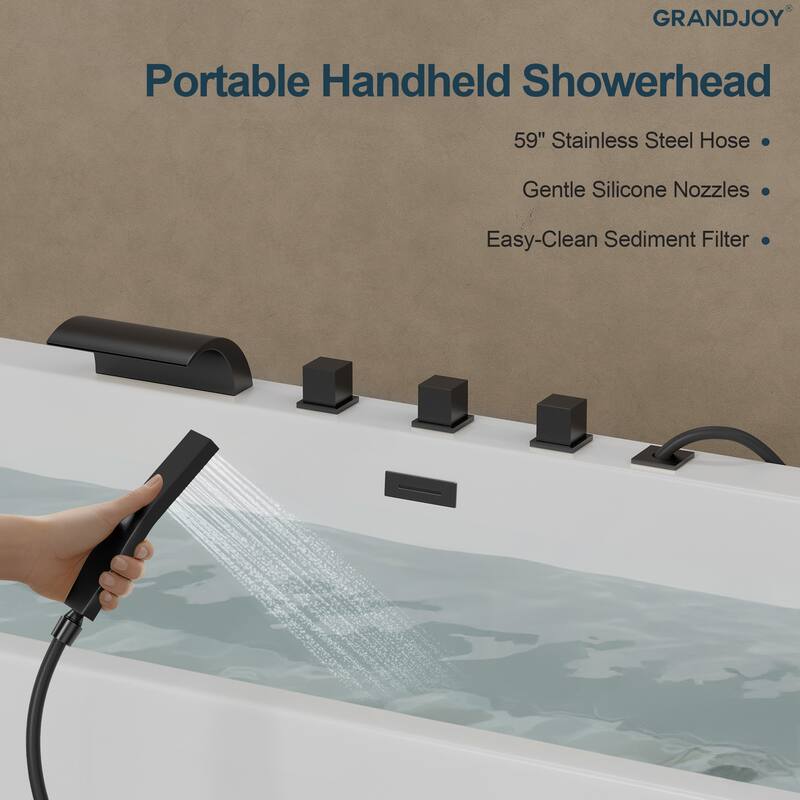 5-Hole 3-Handle Deck-Mount Waterfall Tub Faucet with Hand Shower,Waterfall Spout Bathtub Faucet