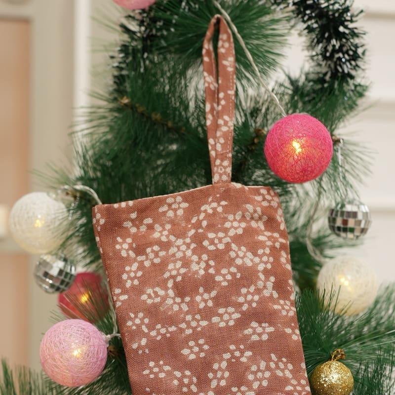 Fabdivine Hand Block Floral Print Christmas Knit Stockings, Home Decorative Gift Use - 16"X6.5"