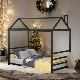 House Platform Twin Bed with Roof and Chimney Design, Sturdy Metal Frame