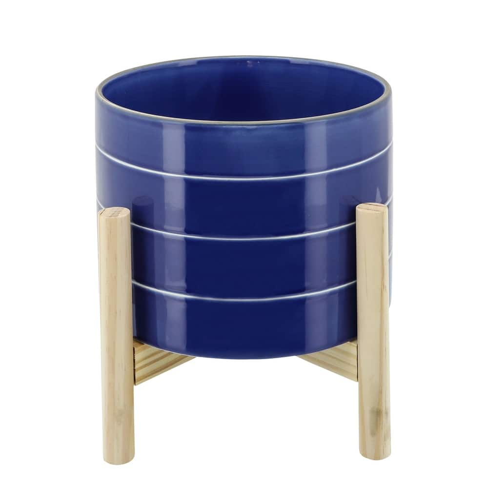 Sagebrook Home Modern Coastal Blue Striped Planter with Wood Stand Indoor/Outdoor
