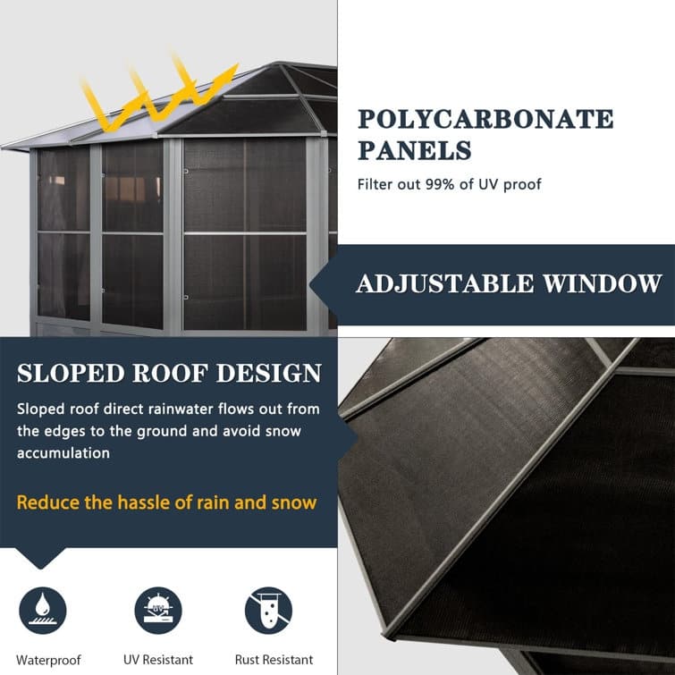 Erommy Outdoor Solarium Sunroom, Patio Hardtop Gazebo, Aluminum Frame Permanent Gazebo with Sliding Doors and Screens