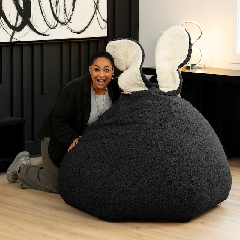 Raven-Symoné Home HopSeat Bunny - Oval Shaped Large Bean Bag Chair with Ears, Ultra Soft Shearling - Black