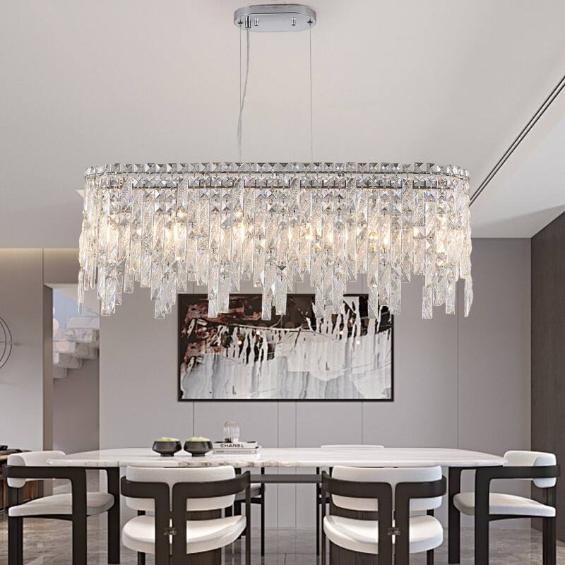 Oval Crystal Chandelier in Silver Finish - Modern Ceiling Light with Reflective Hanging Crystals(Bulbs Not Included).