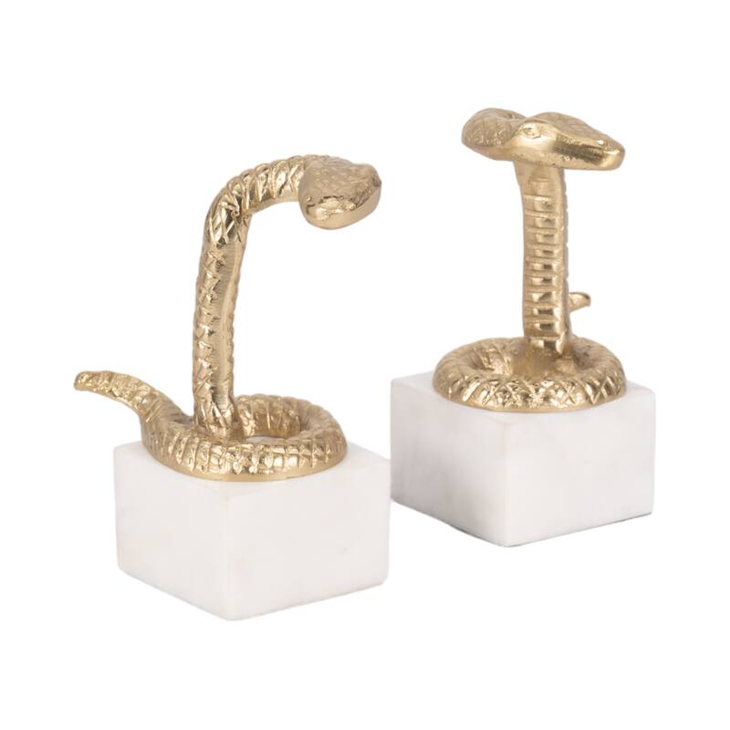 Decorative Faux Snake on Marble Base Bookends - Set of 2", 9", Gold - 9.0"