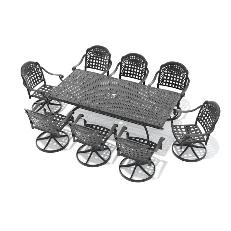 9-Piece Aluminum Rectangular Outdoor Patio Dining Set, 8 Cushioned Swivel Chairs, Table, All-Weather Frames