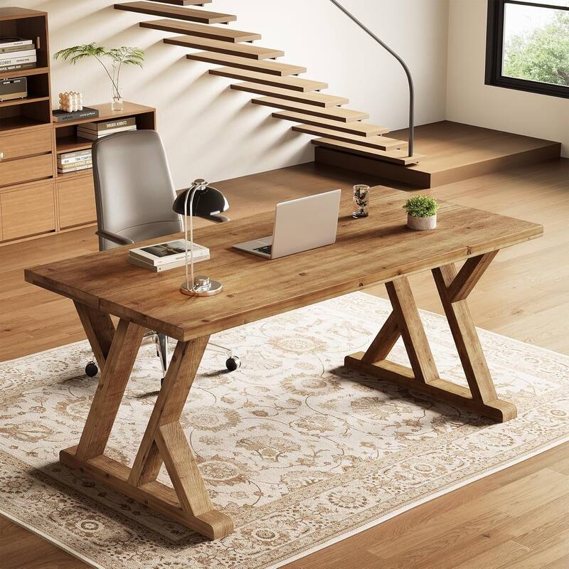 63" Solid Wood Executive Desk for Home Office, Farmhouse Wooden Large Office Computer Desk