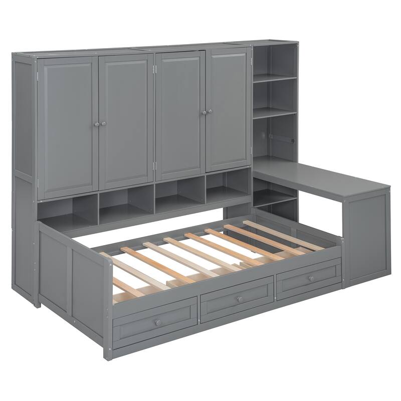 Modern Twin Daybed with All-in-One Cabinet, Desk Wooden Daybed Sofa Bed Frame with 3 Drawers, Multi-Functional Headboard