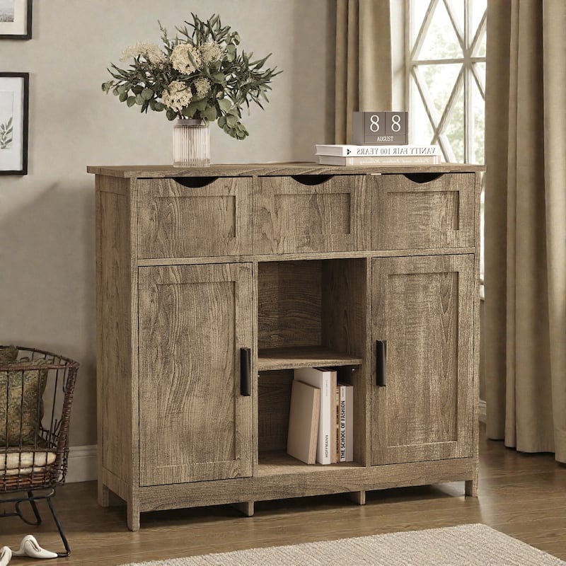 Wooden Storage Cabinet with Drawers and Adjustable Shelves, Floor Accent Cabinet for Living Room Bedroom
