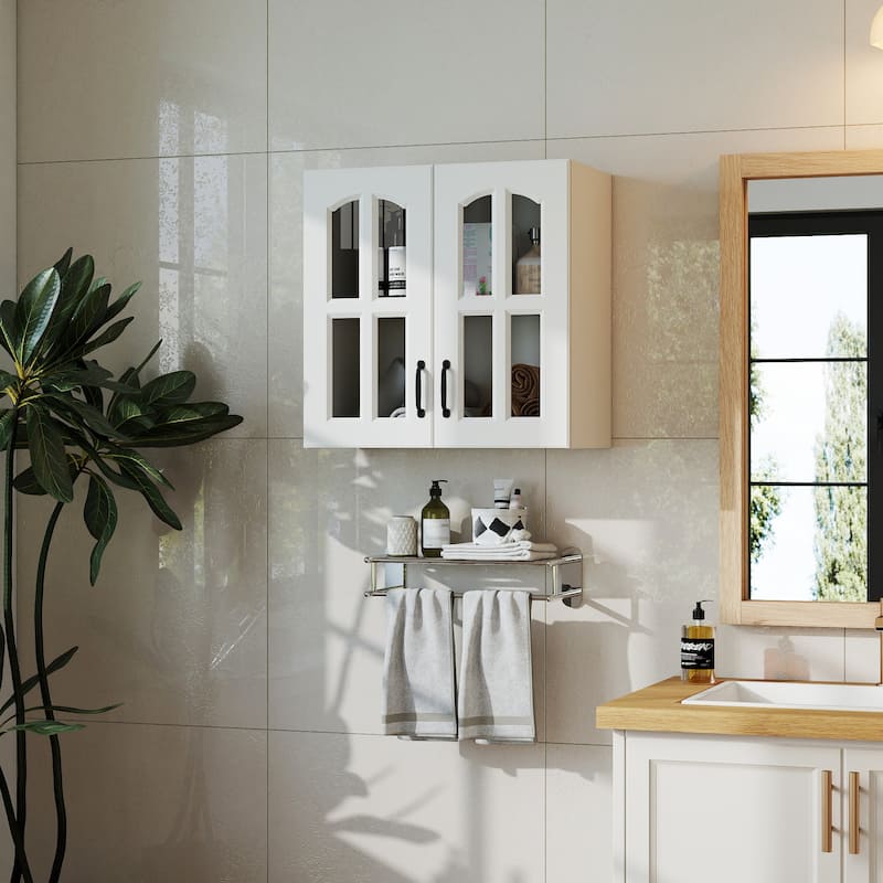 Glass Door Wall Cabinet - Floating Display Cabinet with Shelves for Kitchen, Bathroom, Living Room