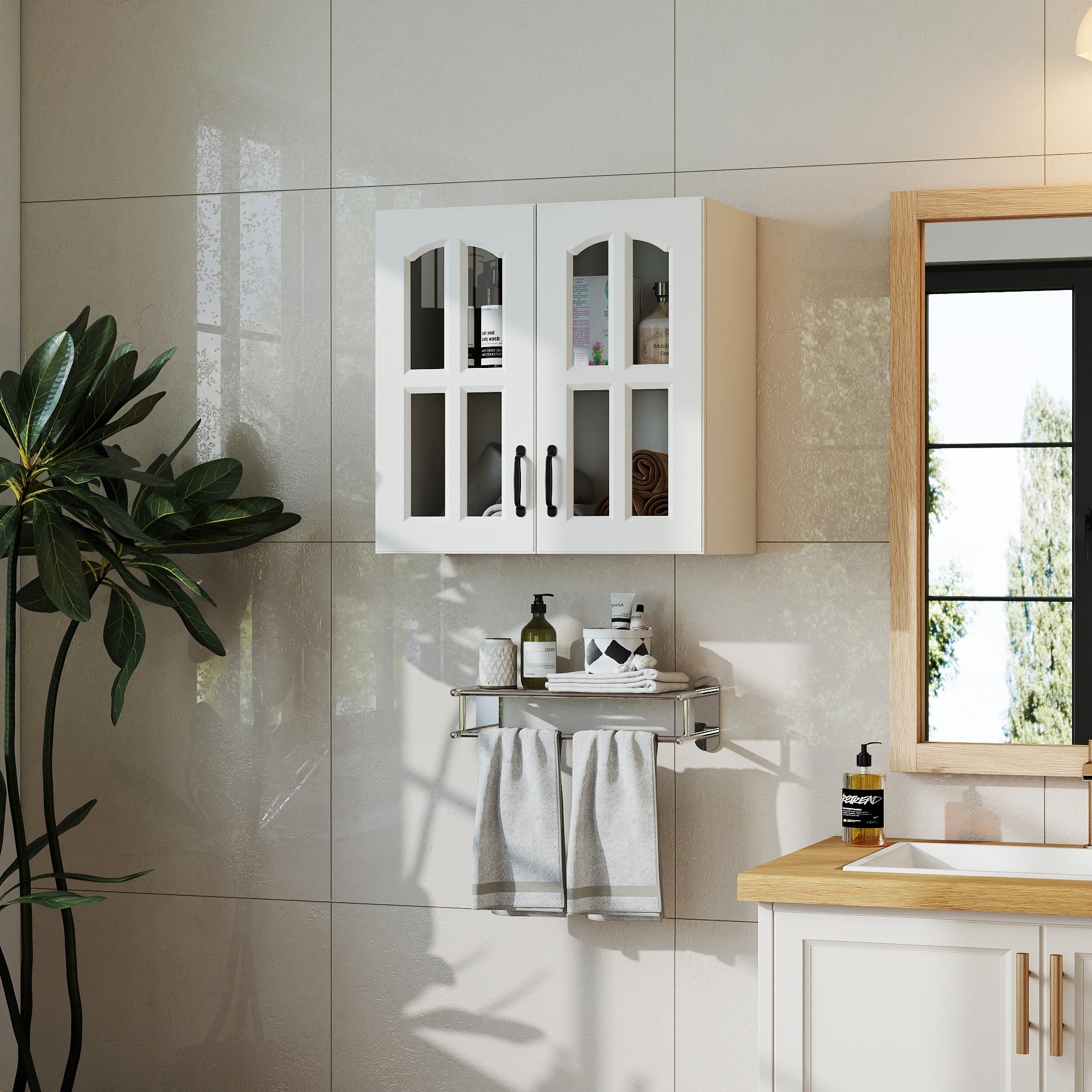 Wall-Mounted Glass-Door Display Cabinet - Floating Style with Fixed Shelves, Suitable for Kitchen, Bathroom & Living Room.