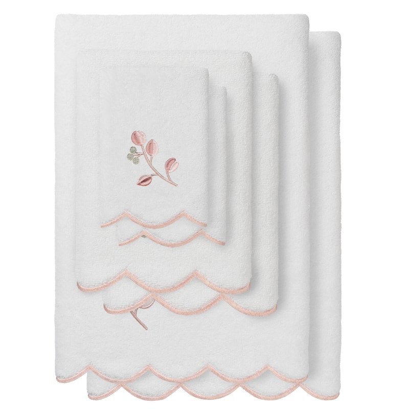 Authentic Hotel and Spa 100% Turkish Cotton WILD BRANCH Scallop Embellished Towel Collection - White/Pink - 6 Piece Set