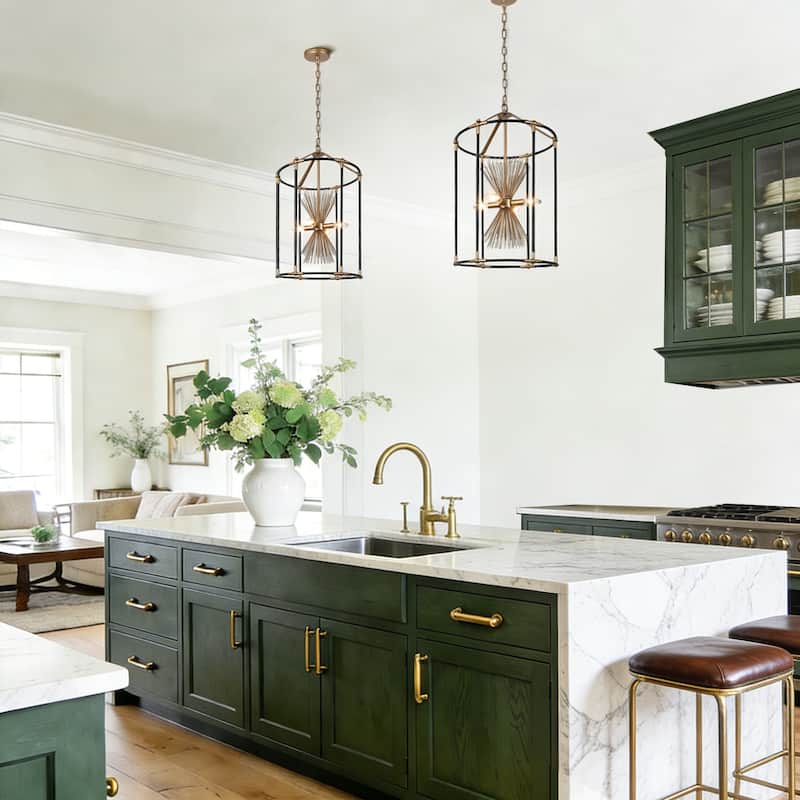 Modern Farmhouse 4-Light Black Gold Starburst Chandelier Cage Pendant Light for Dining Room