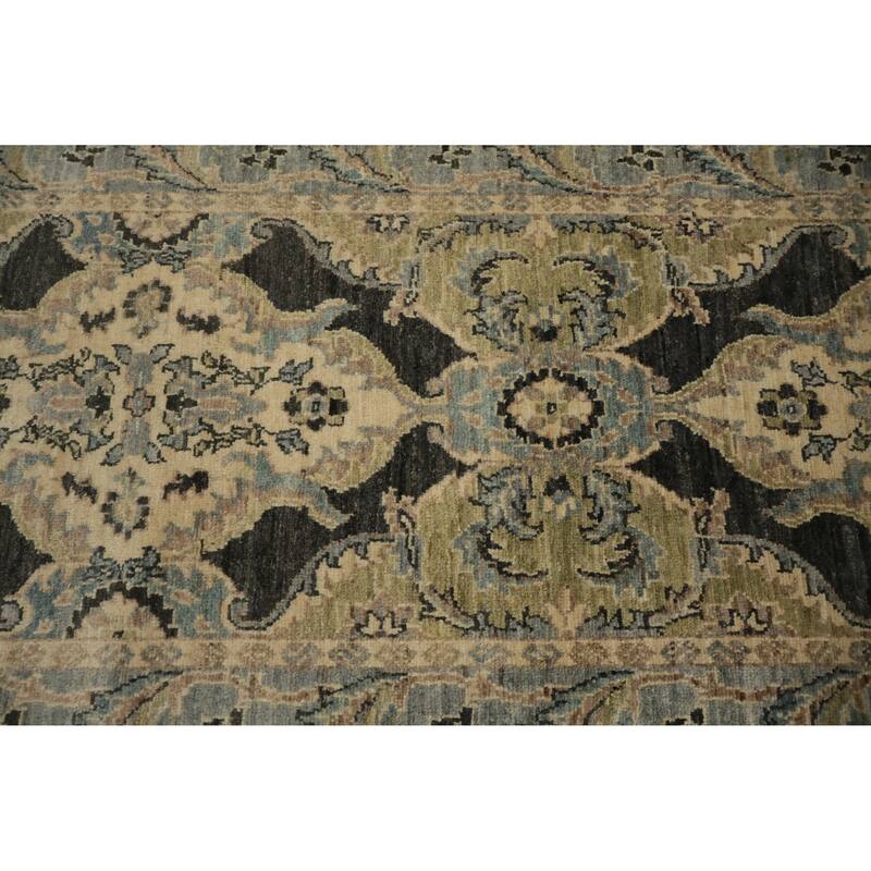 Hand Knotted Oriental 100% Wool Carpet Transitional Floral Greys & Charcoal Oushak Runner Rug - 9' 5'' X 2' 6''