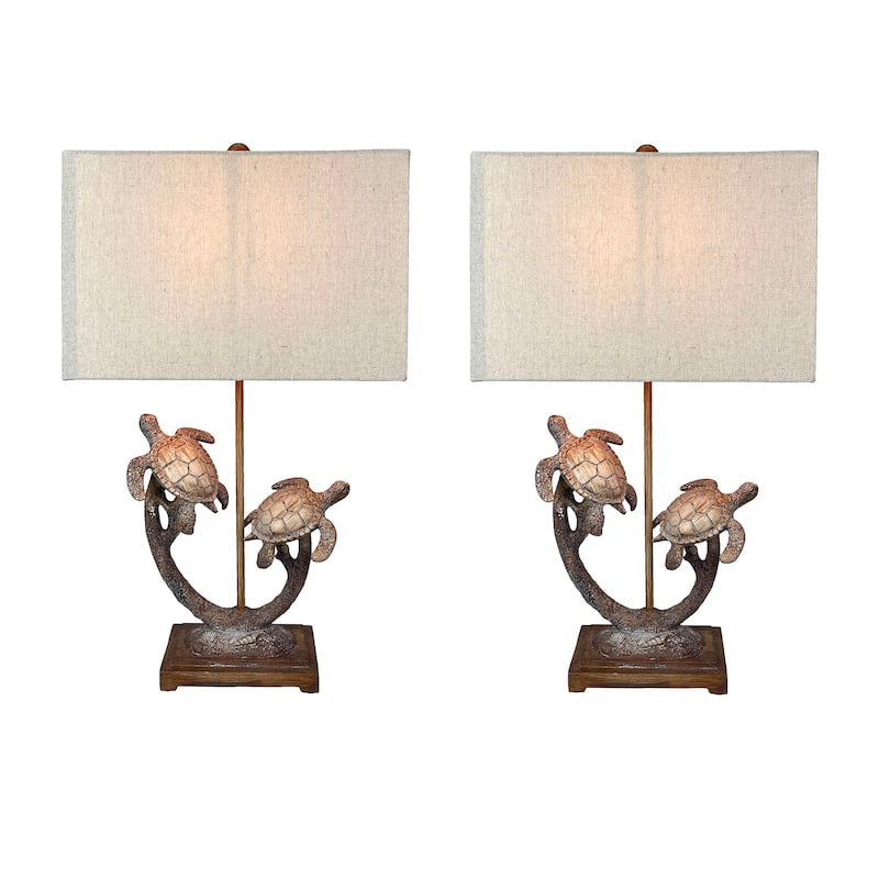 Set Of 2 Double Sea Turtle Table Lamps Coastal Nautical Resin 27.75" W/Shades - 27.75 X 15 X 9 inches