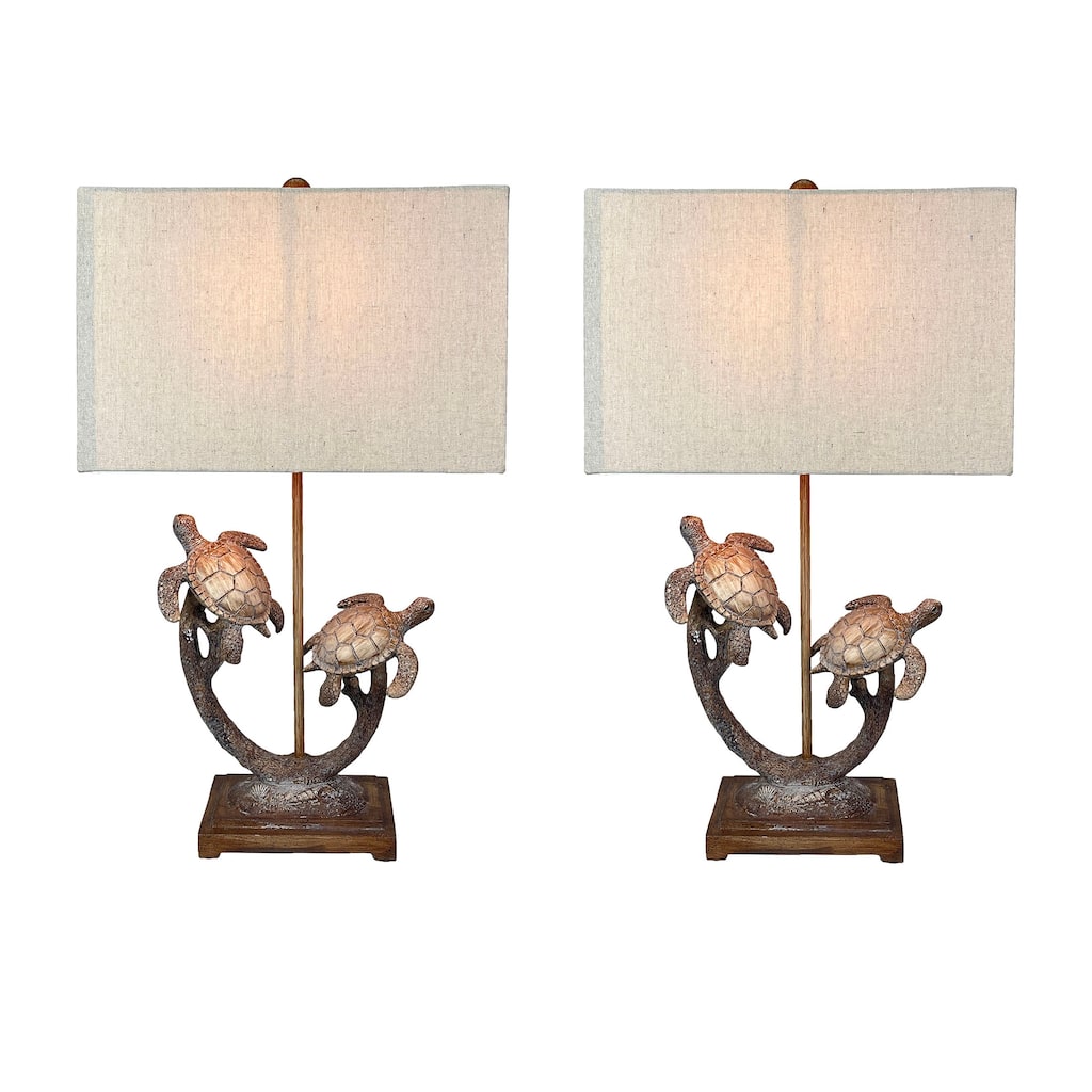Set Of 2 Double Sea Turtle Table Lamps Coastal Nautical Resin 27.75" W/Shades - 27.75 X 15 X 9 inches