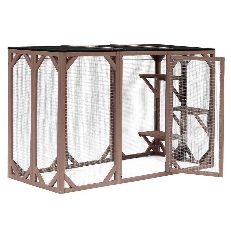 PawHut Wooden Outdoor Cat House Catio Kitten Enclosure Indoor Cage with Asphalt Roof, Multi-Level Platforms and Large Enter Door