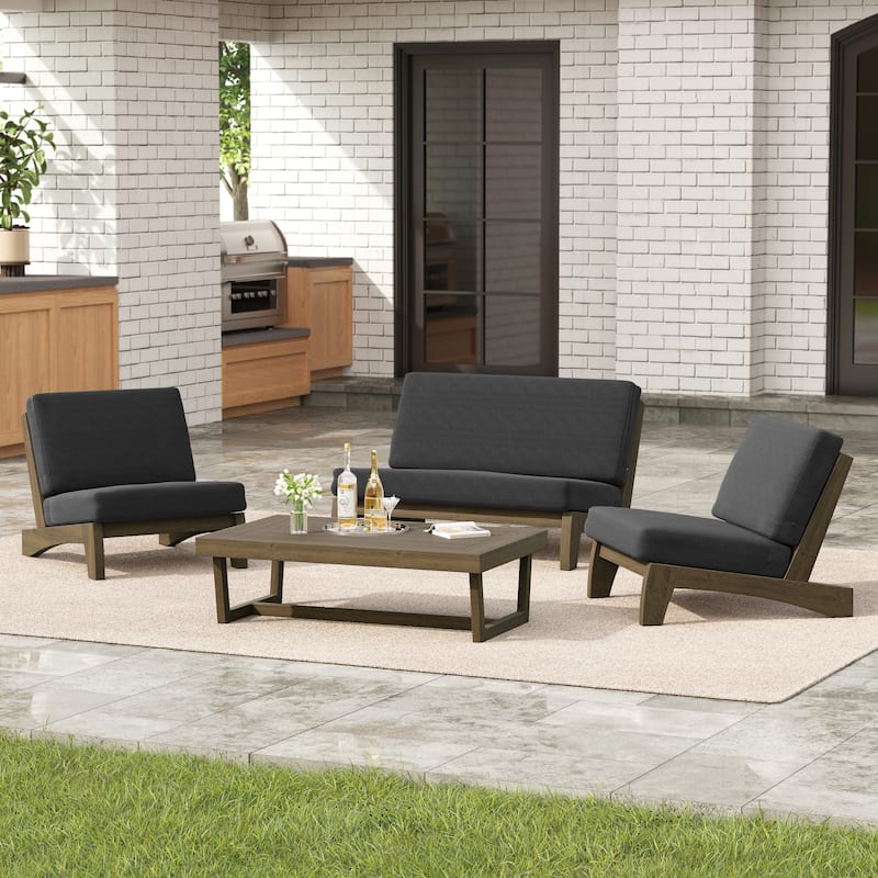 4 Set Outdoor Patio Teak Wood Club Chairs Loveseat with Coffee Table - Dark Grey - NaturalFrame