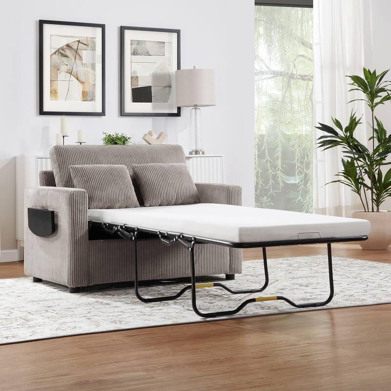Twin Size Sofa Bed Sleeper Sofa with a Foldable Mattress, a Foldable Side Table, a Side Storage Pocket and Two USB Ports