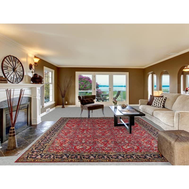 Hand Knotted Oriental 100% Wool Carpet Traditional All-Over Red Kerman Area Rug - 12' 2'' X 9' 2''