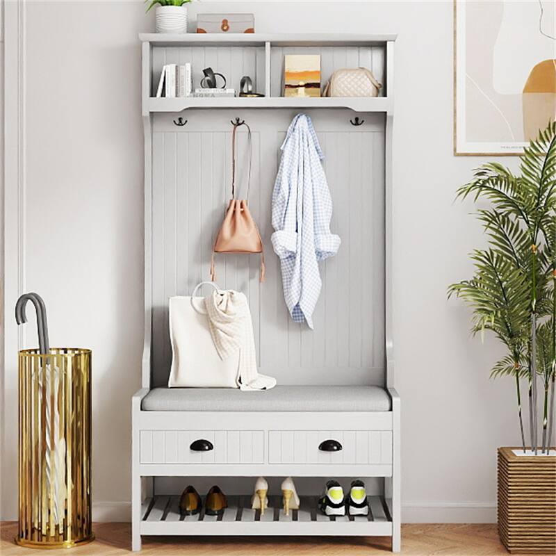 3-in-1 Wood Coat Rack with 2 Storage Drawer and Padded Seat Cushion