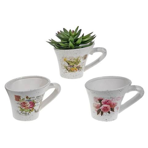 Ceramic Slanted Planters With Handle (floral) (6/disp) - Set Of 6