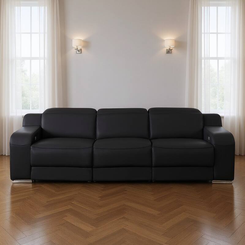 HomeRoots 103" Black Italian Leather Reclining USB Sofa - Black