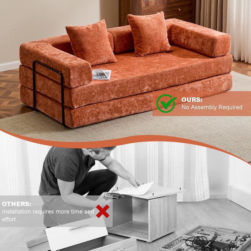 Convertible Floor Sofa Bed with Pillow, Orange Chenille, 77x37x24 inches