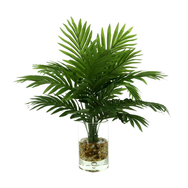 Organic Modern Palms Arrangement in Glass Bubble Vase with Rocks - Green