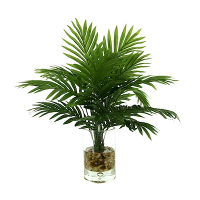 Organic Modern Palms Arrangement in Glass Bubble Vase with Rocks - Green